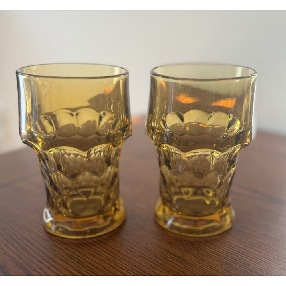 Vintage Anchor Hocking Drinking Glass Amber Georgian Honeycomb Tumblers Set of 2